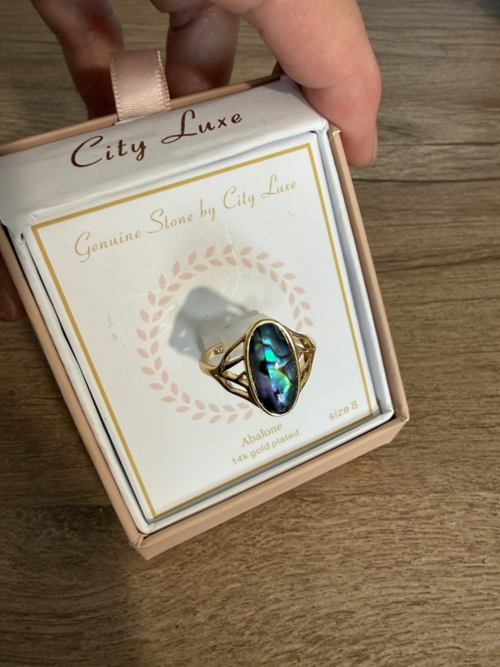 14k Gold-Plated Genuine Abalone Stone Ring in Iridescent Blue-Green, size 8, NWT